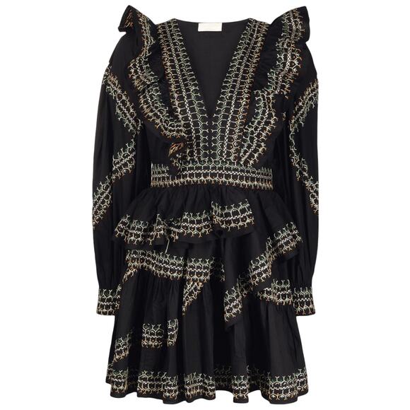 ULLA JOHNSON Anais Mini Dress Ruffle Embroidered V-Neck Black Noir Cotton 2 NWT - Picture 3 of 15